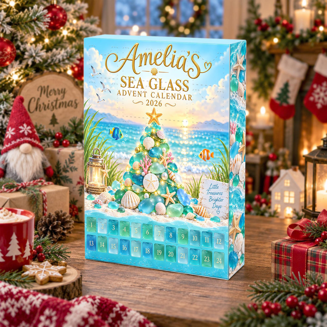 Personalized Sea Glass Advent Calendar Box Custom Name 24 Charm Christmas Countdown Beach Lover Holiday Keepsake Gift