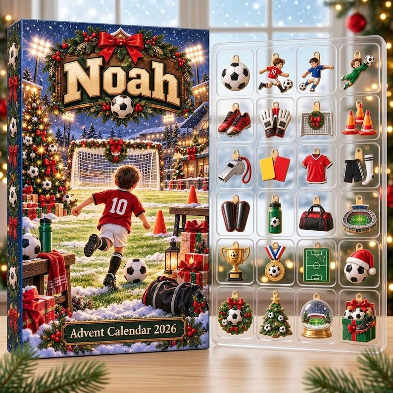 Personalized Soccer Advent Calendar 2026 24 Football Charms Custom Name Christmas Countdown Gift For Soccer Players
