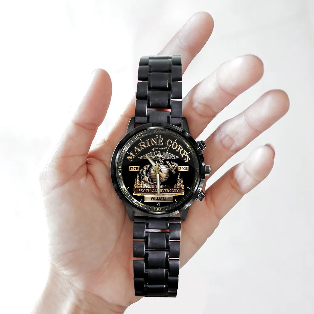 Personalized US Marine Corps 250th Anniversary Black Stainless Steel Watch – TMTHU1074