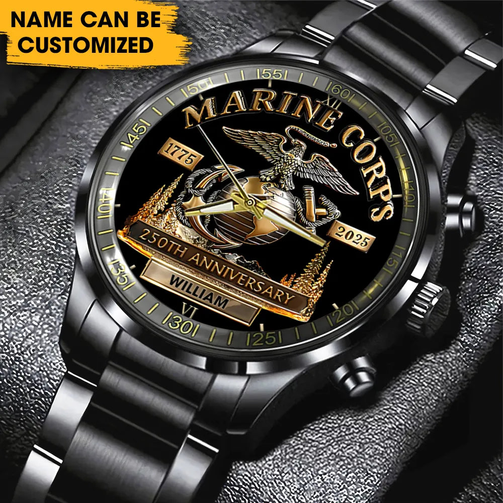 Personalized US Marine Corps 250th Anniversary Black Stainless Steel Watch – TMTHU1074