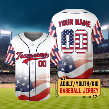 Personalized White Red Blue 4th Of July Baseball Jersey, Custom Team Name American Flag Baseball Jersey, Patriotic Jersey For Baseball Lover