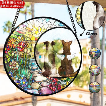 Pet On The Moon Personalized Window Stained Glass Suncatcher Hanging Dog Remembrance Gift