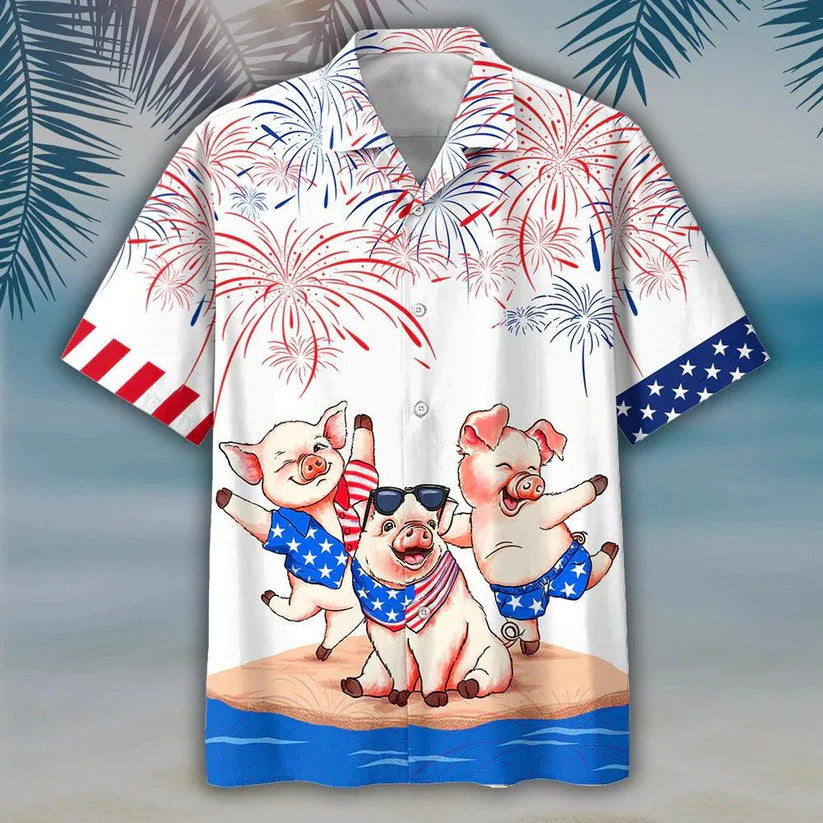 Pig Independence Day Aloha Hawaiian Shirts For Summer, Happy 4th Of July Pig Hawaiian Shirt For Men Women, Special Gift For Pig Lovers, Fourth Of July