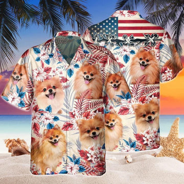 Pomeranian Aloha Hawaiian Shirts For Summer, Pomeranian Dog Independence Day USA Flag Hawaiian Shirt For Men Women, 4th of July Gift For Dog Lovers