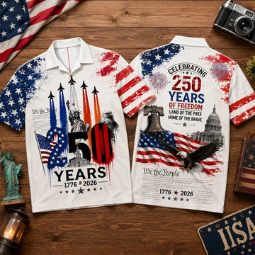 Proud American Hawaiian Shirt For Men, American 250th Anniversary Shirt, Patriotic 1776-2026 Aloha Gift For Him, 4th of July USA