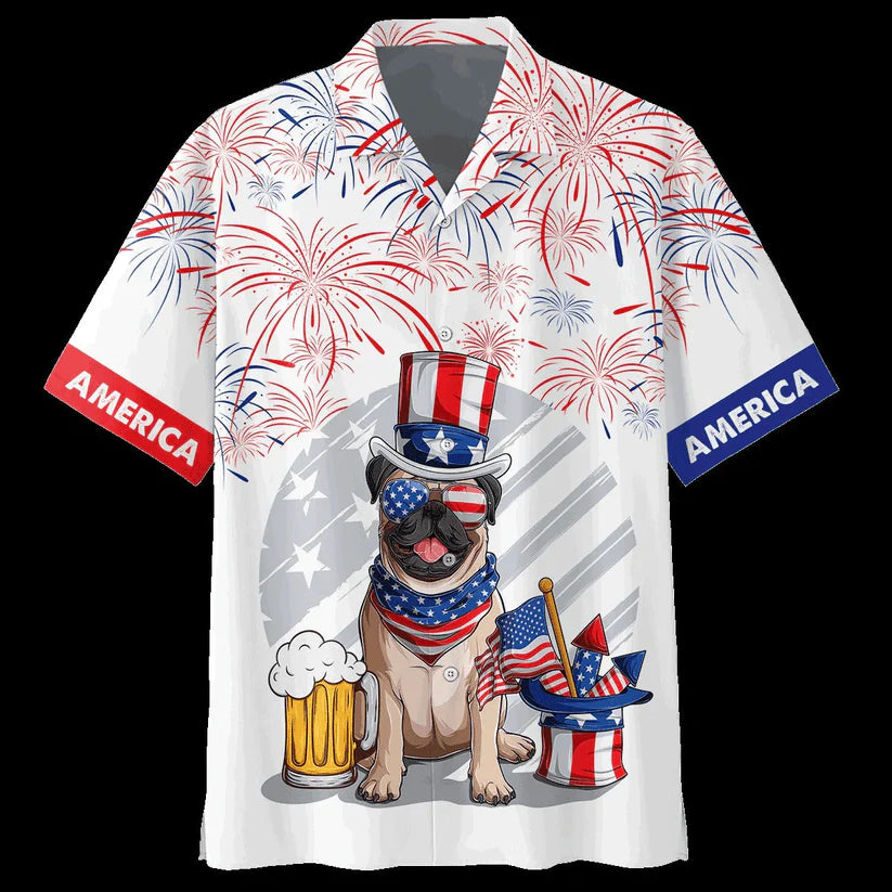Pug And Beer Aloha Hawaiian Shirts For Summer, Pug Dog Independence Day Aloha Hawaiian Shirt For Men Women, Fourth Of July Apparel Gift For Dog Lovers