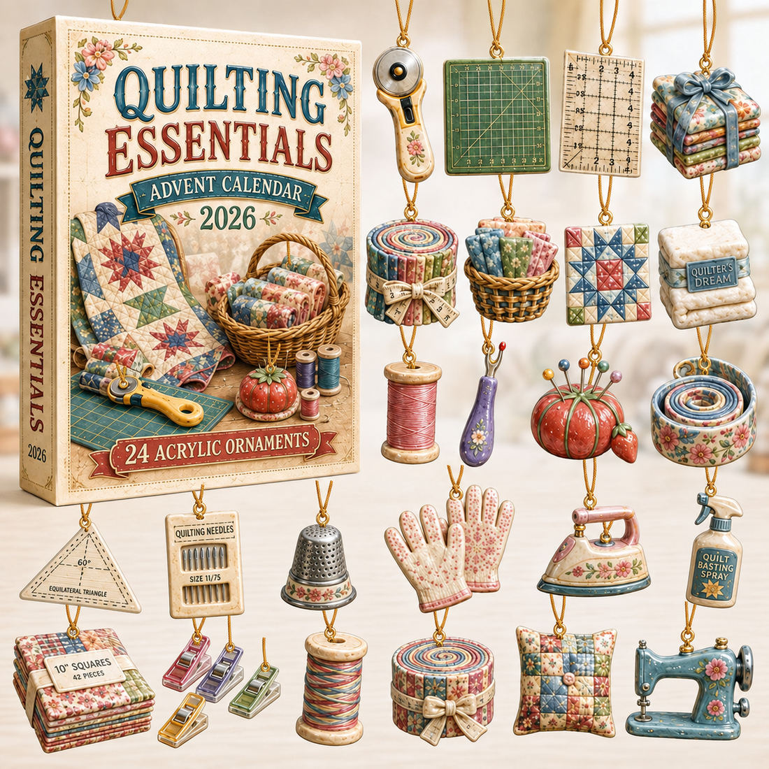 Quilting Essentials Advent Calendar 2026 24 Day Festive Countdown Acrylic Charms Blind Box Gift For Quilting Lovers
