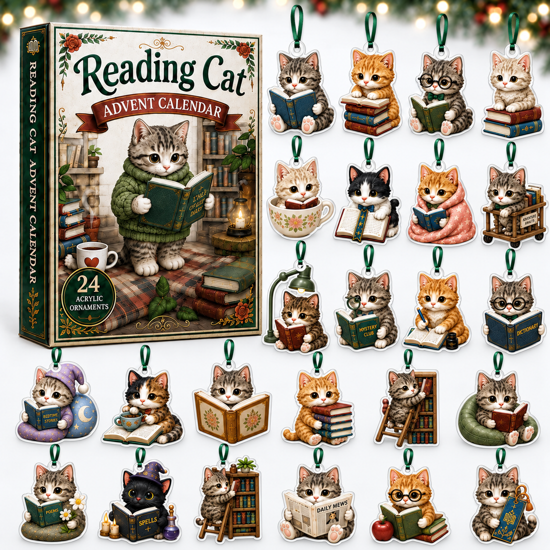 Reading Cat Advent Calendar 2026 24 Day Festive Countdown Acrylic Charms Blind Box Gift For Cat Lovers