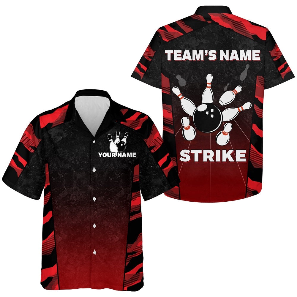 Red Camo Hawaiian Bowling Shirt For Men, Custom Bowling Jersey Strike Bowling Shirts, Custom Team Bowling Hawaiian Shirt