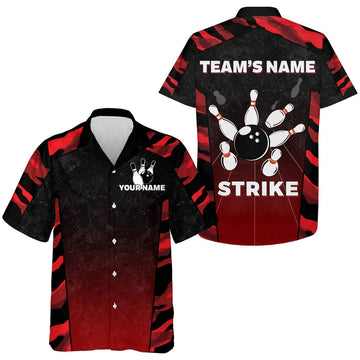 Red Camo Hawaiian Bowling Shirt For Men, Custom Bowling Jersey Strike Bowling Shirts, Custom Team Bowling Hawaiian Shirt