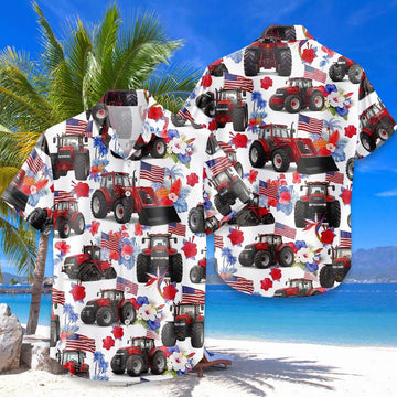 Red Tractor Hawaiian Shirt, Farmer Aloha Shirt, 4th of July Patriotic Tropical Shirt, USA Flag Tractor Summer Shirt, Gift for Farmer Dad Grandpa Husband, Farming Lover Beach Shirt