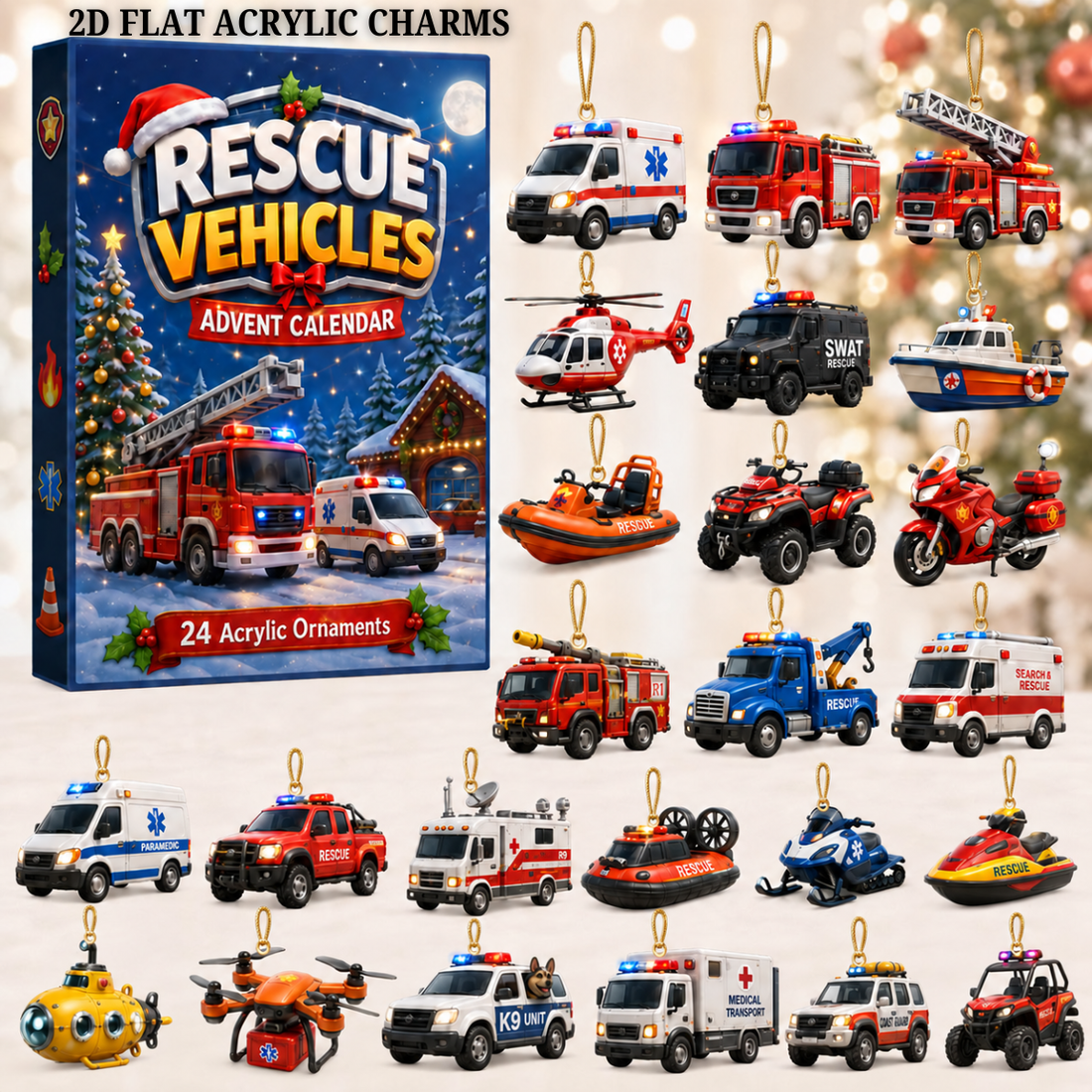 Rescue Vehicles Advent Calendar 2026 24 Day Festive Countdown Acrylic Charms Blind Box Gift For Kids Family Friends