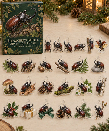 Rhinoceros Beetle advent calendar with 24 custom-shaped flat acrylic charms and printed dimensional artwork 2026 - 24-Day Countdown, Acrylic Charms