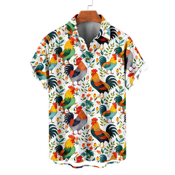 Rooster Hawaiian Shirt – Colorful Floral Chicken Farm Aloha Button Down