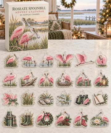 Roseate Spoonbill advent calendar with 24 custom-shaped flat acrylic charms and printed dimensional artwork 2026 - 24-Day Countdown, Acrylic Charms