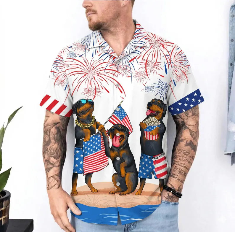 Rottweiler Hawaiian Shirt, Independence Is Coming, USA Patriotic Shirt, 4th of July Hawaiian, Dog Lover Gift