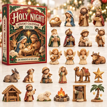 Rustic Manger Holy Night advent calendar 2026 - 24-Day Countdown, Acrylic Charms