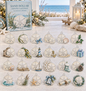 Sand Dollar advent calendar with 24 custom-shaped flat acrylic charms and printed dimensional artwork 2026 - 24-Day Countdown, Acrylic Charms