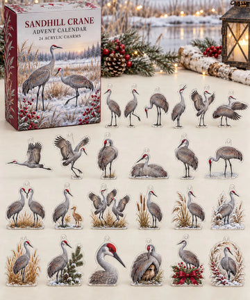 Sandhill Crane advent calendar with 24 custom-shaped flat acrylic charms and printed dimensional artwork 2026 - 24-Day Countdown, Acrylic Charms