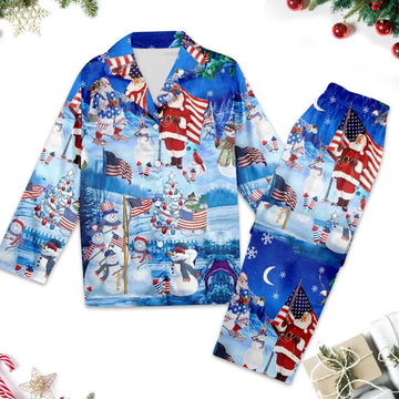 Santa Claus With America Flags Pajamas, Santa Claus Christmas Pajamas Set, Santa Claus Xmas Holiday Shirt, Santa Claus Party Gift For Women