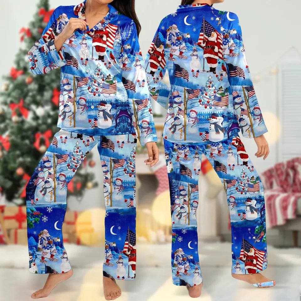 Santa Claus With America Flags Pajamas, Santa Claus Christmas Pajamas Set, Santa Claus Xmas Holiday Shirt, Santa Claus Party Gift For Women