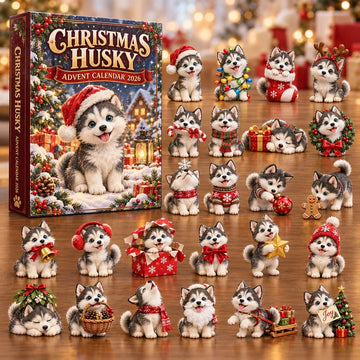 Santa Hat Husky Puppy Advent Calendar 2026 - 24-Day Countdown, Acrylic Charms