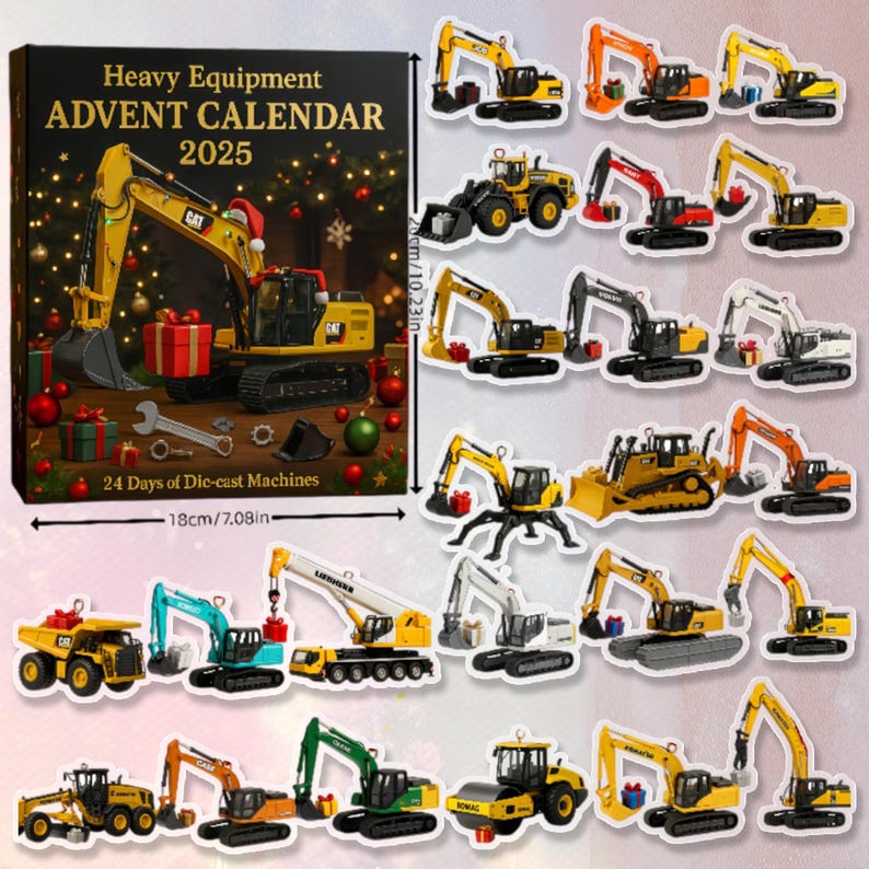 Santa Heavy Equipment 2026 Advent Calendar Heavy Trucks 24 Day Countdown Ornament Christmas Charm Box Gifts Santa Holidays Ornament Boxes