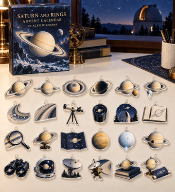 Saturn and Rings advent calendar with 24 custom-shaped flat acrylic charms and printed dimensional artwork 2026 - 24-Day Countdown, Acrylic Charms