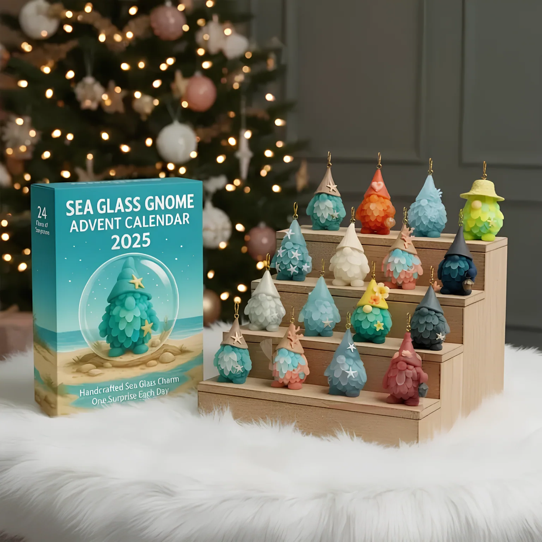 Sea Glass Gnome Advent Calendar 2025 24 Day Gnome Xmas Figurines Vintage Christmas Ornament Countdown With Acrylic Ornaments98
