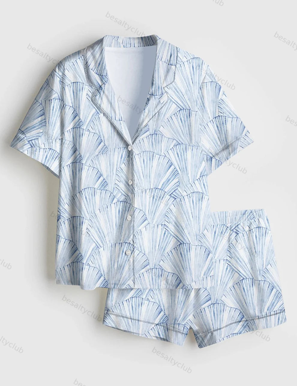 Seashell Coastal Blue Vintage Coastal Granddaughter Aesthetic Summer Beach Vibes Print Short Sleeve Satin Pajama Set
