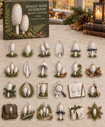 Shaggy Mane Mushroom advent calendar with 24 custom-shaped flat acrylic charms and printed dimensional artwork 2026 - 24-Day Countdown, Acrylic Charms