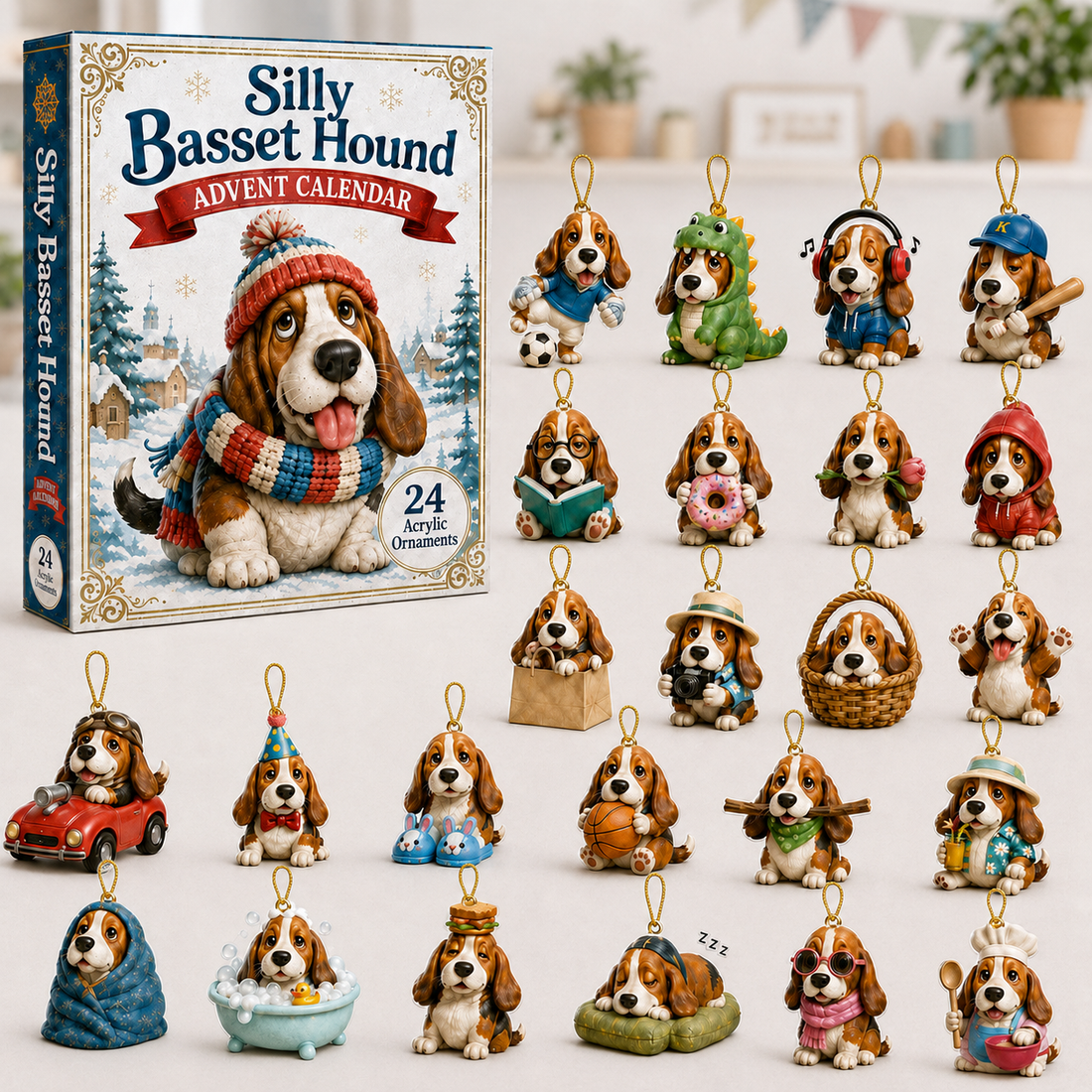 Silly Basset Hound Advent Calendar 2026 24 Day Festive Countdown Acrylic Charms Blind Box Gift For Basset Hound Lovers
