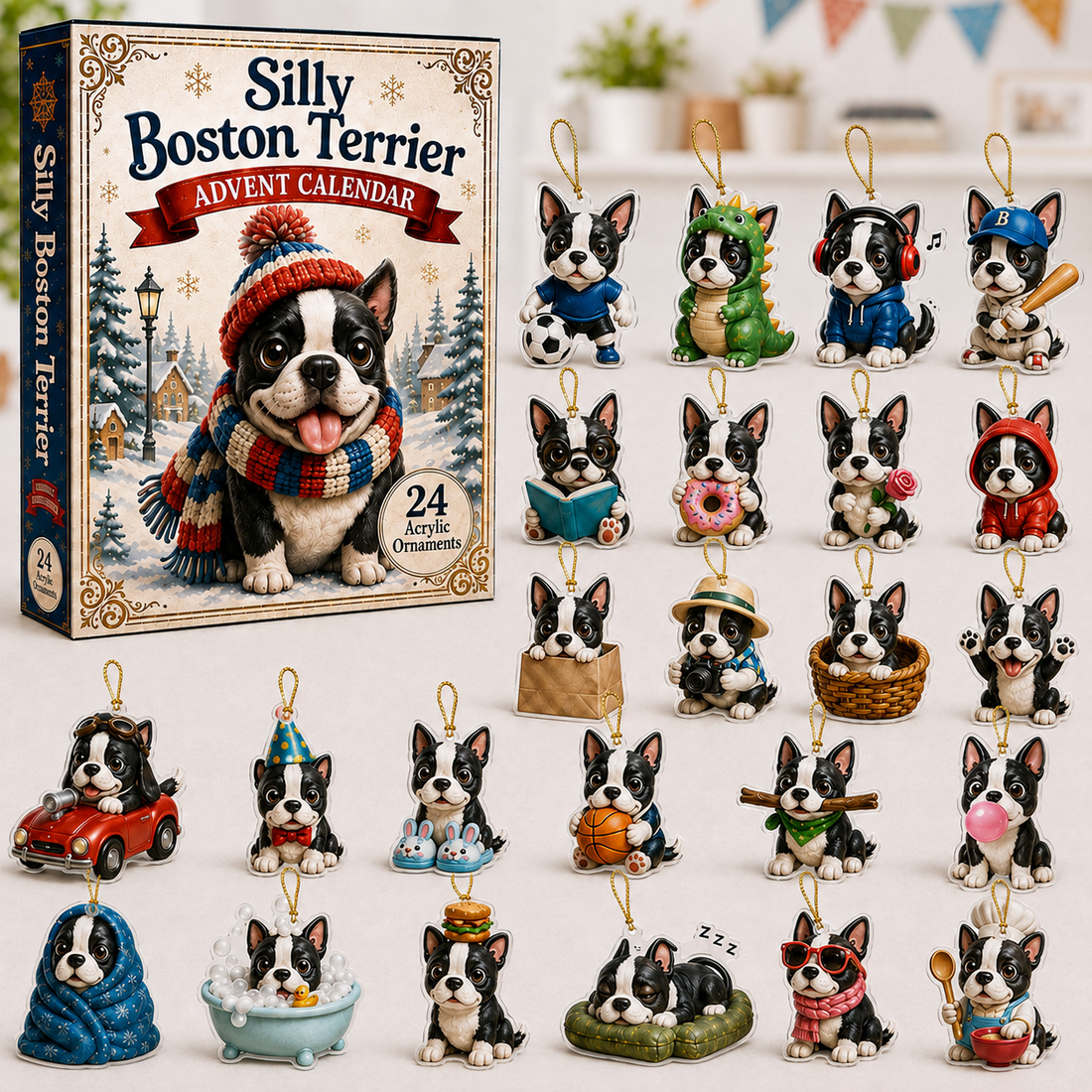 Silly Boston Terrier Advent Calendar 2026 24 Day Festive Countdown Acrylic Charms Blind Box Gift For Boston Terrier Lovers
