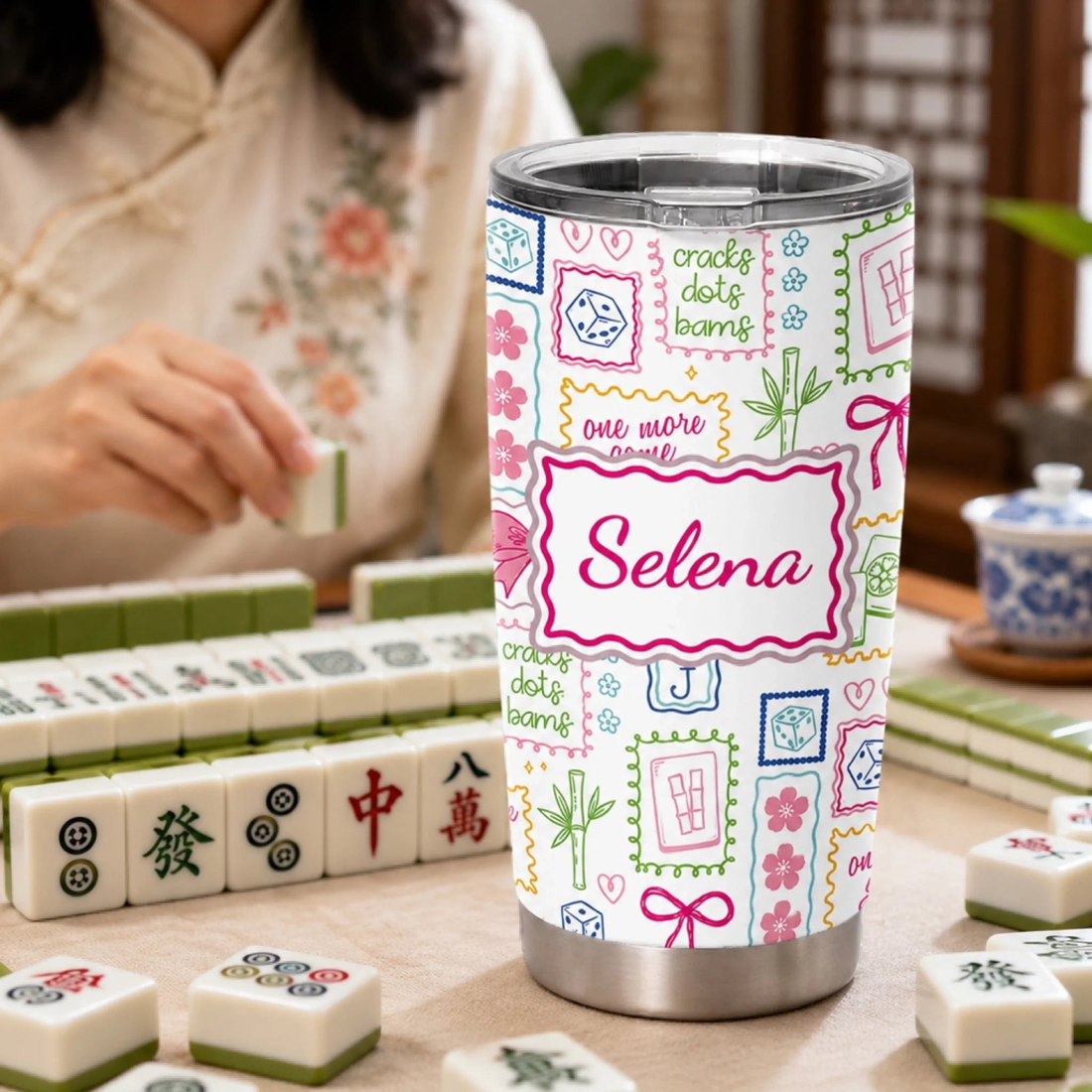Sip Sip Mahjong Personalized Tumbler Custom Name Mahjong Travel Mug Cute Tile Game Cup Girls Game Night Gift Mahjong Club Keepsake