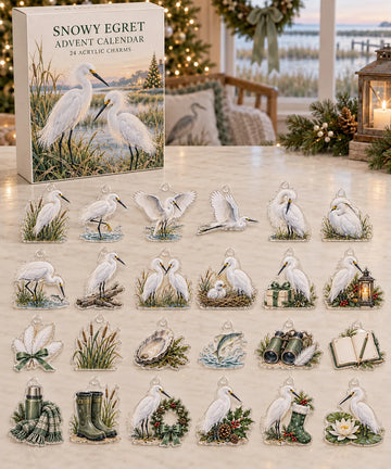 Snowy Egret advent calendar with 24 custom-shaped flat acrylic charms and printed dimensional artwork 2026 - 24-Day Countdown, Acrylic Charms