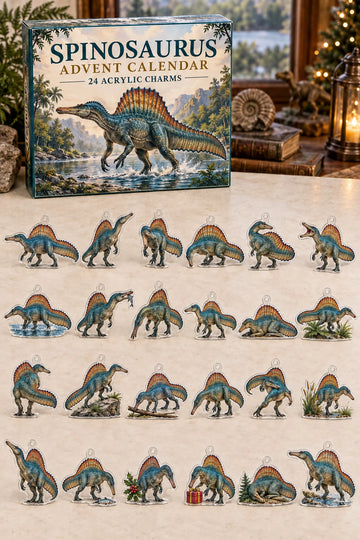 Spinosaurus advent calendar with 24 custom-shaped flat acrylic charms and printed dimensional artwork 2026 - 24-Day Countdown, Acrylic Charms