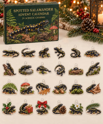 Spotted Salamander advent calendar with 24 custom-shaped flat acrylic charms and printed dimensional artwork 2026 - 24-Day Countdown, Acrylic Charms
