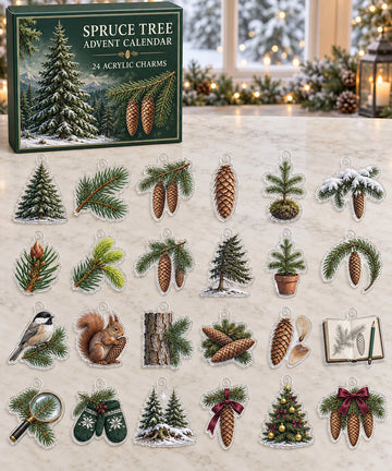 Spruce Tree advent calendar with 24 custom-shaped flat acrylic charms and printed dimensional artwork 2026 - 24-Day Countdown, Acrylic Charms