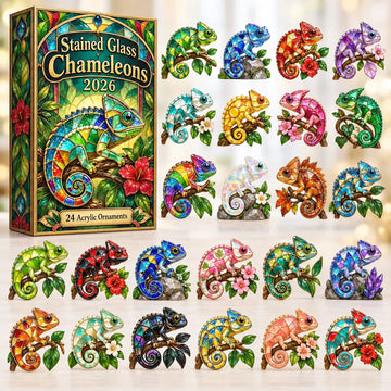 Stained Glass Chameleons Advent Calendar 2026 - 24-Day Countdown, Acrylic Charms