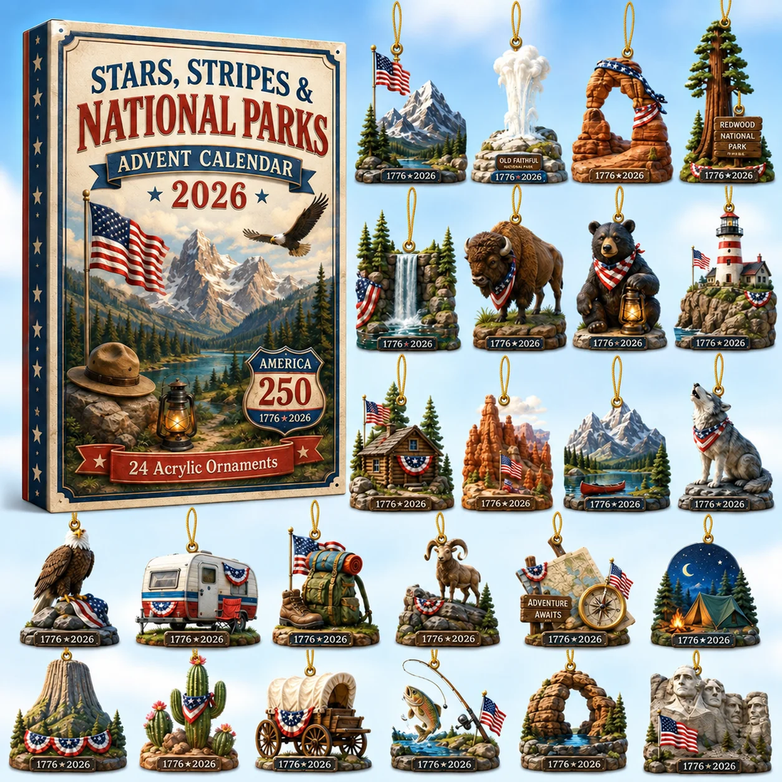Stars, Stripes & National Parks Advent Calendar 2026 - 24-Day Festive Countdown, Acrylic Charms Blind Box - Gift For Family & Friends