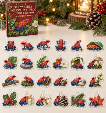 Strawberry Poison Dart Frog advent calendar with 24 custom-shaped flat acrylic charms and printed dimensional artwork 2026 - 24-Day Countdown, Acrylic Charms