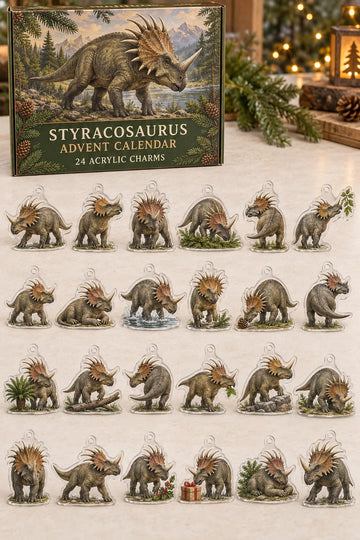 Styracosaurus advent calendar with 24 custom-shaped flat acrylic charms and printed dimensional artwork 2026 - 24-Day Countdown, Acrylic Charms