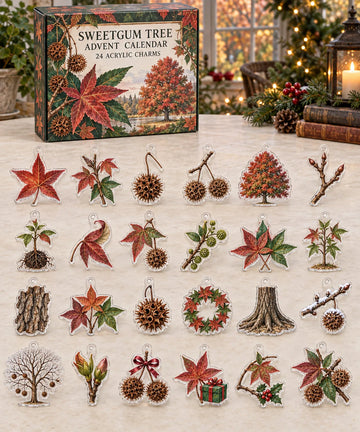 Sweetgum Tree advent calendar with 24 custom-shaped flat acrylic charms and printed dimensional artwork 2026 - 24-Day Countdown, Acrylic Charms