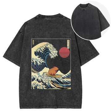 Personality fashion Capybara Surfing Back Washed T-Shirt