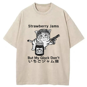 Personality fashion Strawberry Jam Cat Washed T-Shirt