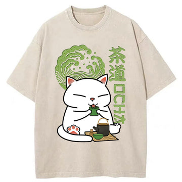 Personality fashion Cat Tasting Tea Washed T-Shirt