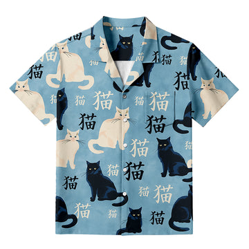 Personality fashionJapanese Black And White Cat Hawaiian Shirt