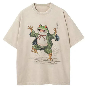 Personality fashion Frog Dancing Japanese Art Vintage Washed T-Shirt