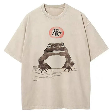 Personality fashion Frog Japanese Art Vintage Washed T-Shirt