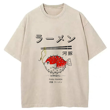 Personality fashion Fugu Ramen Japanese Retro Print Washed T-Shirt